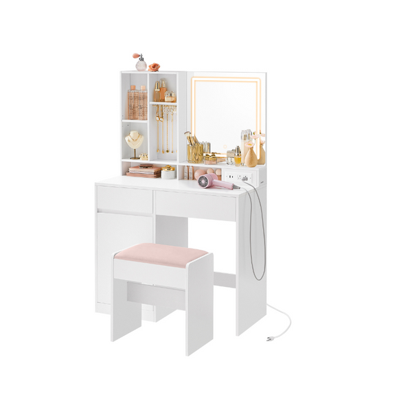 VASAGLE Vanity Desk with Mirror and Lights, Power Outlets URDT132W02