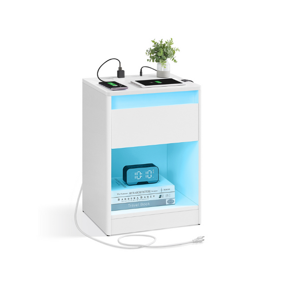 VASAGLE Modern Nightstand with Charging Station and LED Lights ULET618T14