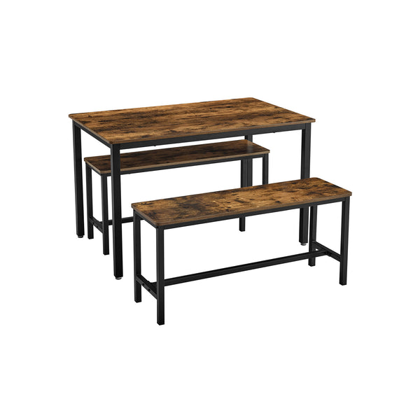 VASAGLE Industrial Rustic Brown Dining Table with 2 Benches UKDT070B01