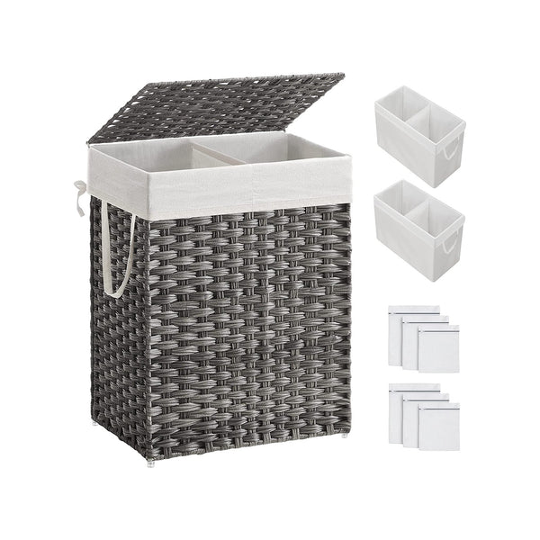 SONGMICS SONGMICS Laundry Hamper with Lid, 90L Clothes Hamper with 2 Removable Liner Bags, 6 Mesh Bags, Wicker Laundry Basket, Double Laundry Hamper for Bathroom, 13 x 18.1 x 23.6 Inches, Gray ULCB251G01V1