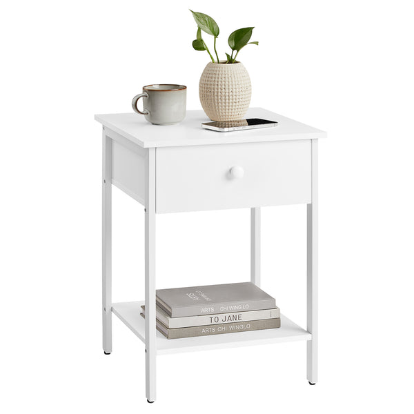 VASAGLE Nightstand, End Table, Side Table with Drawer and Shelf, 15.7 x 15.7 x 21.7 Inches, Bedroom, Steel Frame, Easy Assembly, Modern, Matte White LET055W14