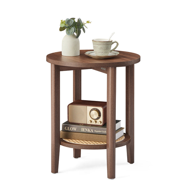 VASAGLE Round Side End Table, 2-Tier Boho Bedside Table with Rattan-Look Storage Shelf ULET296K01