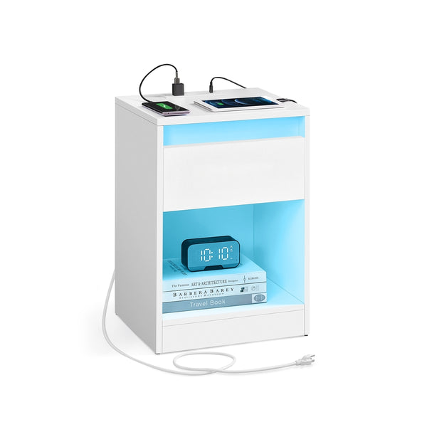 VASAGLE Kailyn Collection - Modern Nightstand with Charging Station and LED Lights ULET618T14