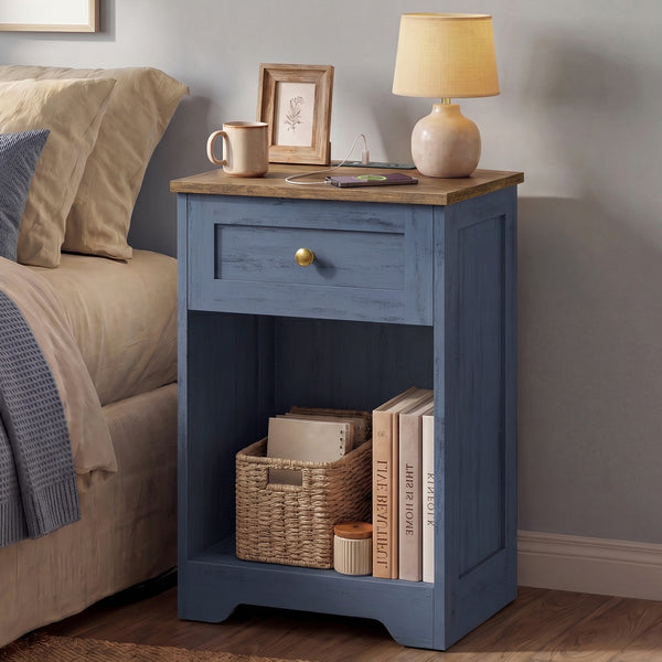 VASAGLE Farmhouse nightstand with charging station and drawer ULET628QT01S