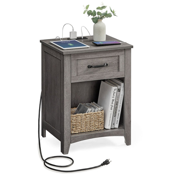 VASAGLE VASAGLE Farmhouse Nightstands with Charging Station, Set of 2, Bedside Tables with Drawer ULET959G68