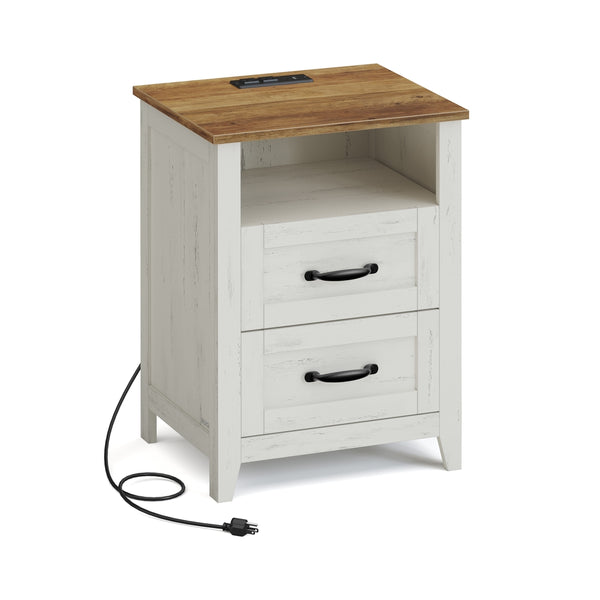 VASAGLE Liry Collection - Farmhouse nightstand with charging station drawers and open shelf ULET669W01