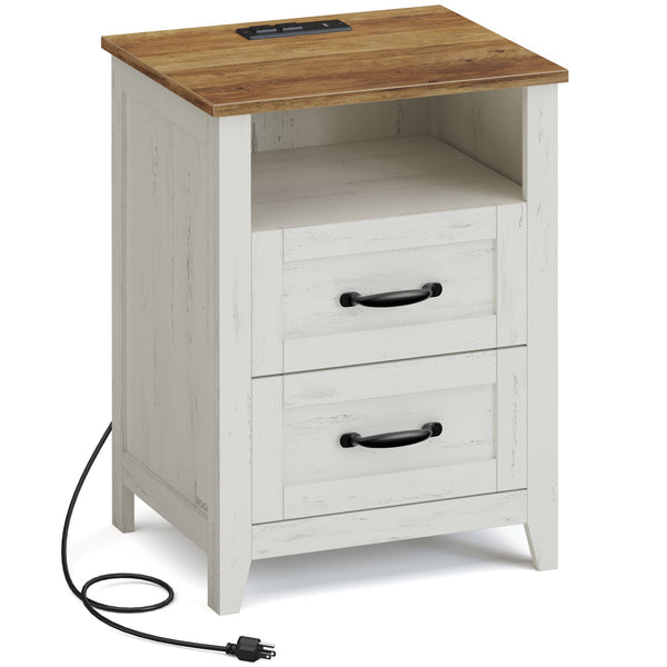VASAGLE LIRY Collection - Farmhouse nightstand with charging station drawers and open shelf ULET669W01