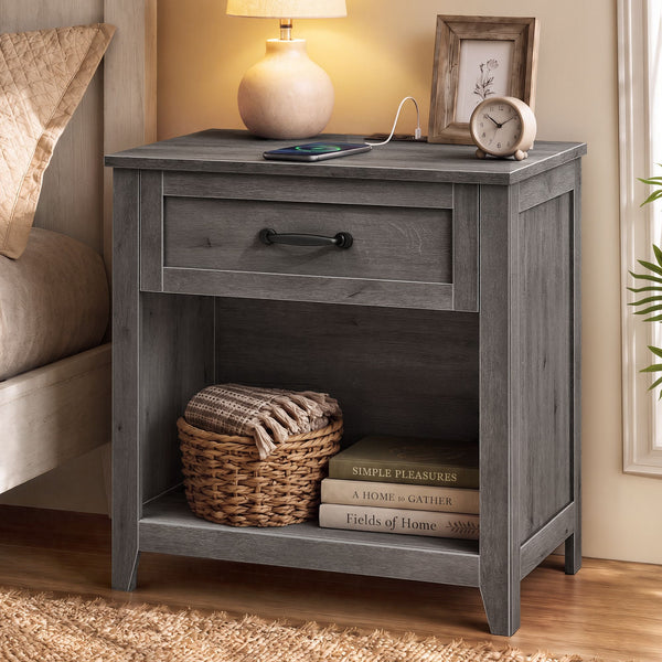 VASAGLE Farmhouse nightstand with charging station and storage ULET689G101S