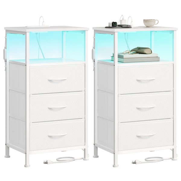 SONGMICS Narrow bedside table set with charging station LED lights and drawers ULGS203W101S