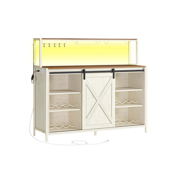 VASAGLE Coffee bar cabinet with power outlet LED light and sliding barn doors ULSC201W01