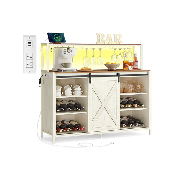 VASAGLE Daxton Collection - Coffee bar cabinet with power outlet LED light and sliding barn doors ULSC201W01