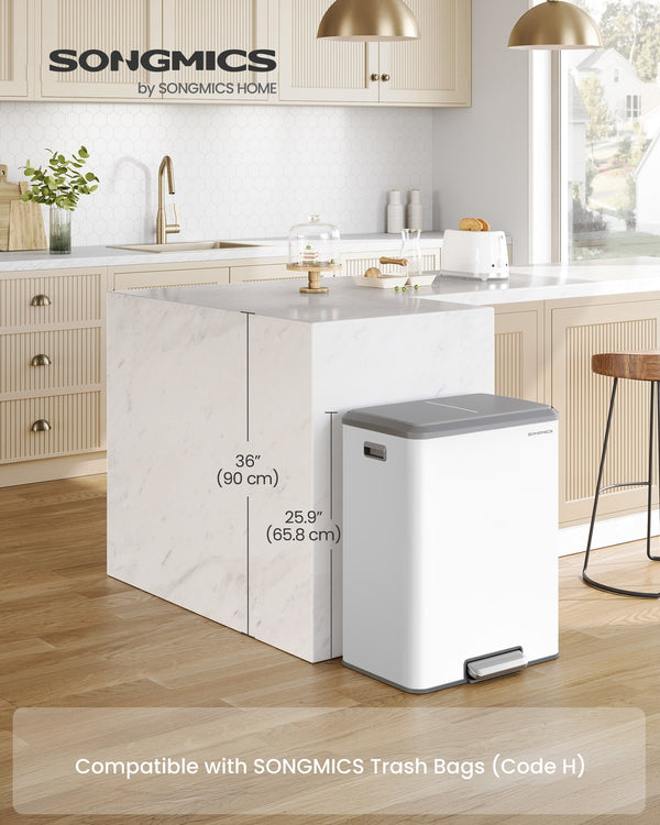 SONGMICS Stainless steel dual pedal trash can for kitchen recycling 2 x 8 Gallon (16 Gal) Dual Trash Can, Cloud White, Stainless Steel, Soft-Close, Recycling