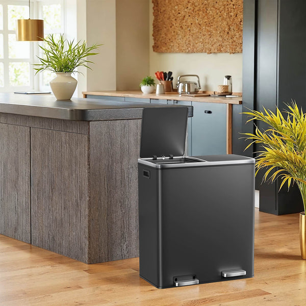 SONGMICS Dual compartment kitchen trash can with airtight hinged lids ULTB35B60BK