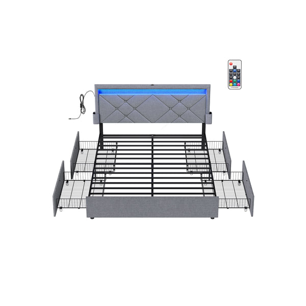 VASAGLE LED Bed Frame Queen Size with Headboard and 4 Drawers URMB821G01