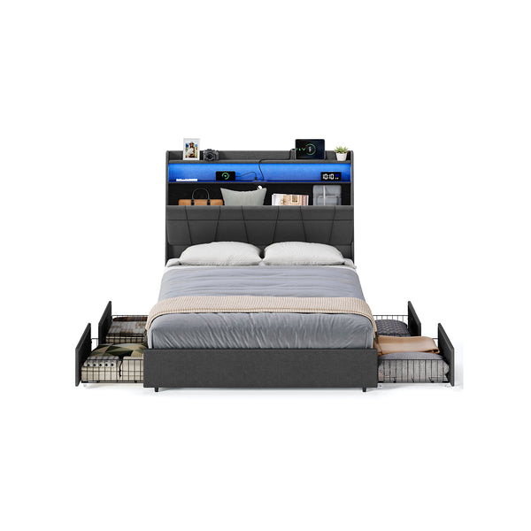 VASAGLE Bed Frame Queen Size with LED Lights, Charging Station URMB891G02