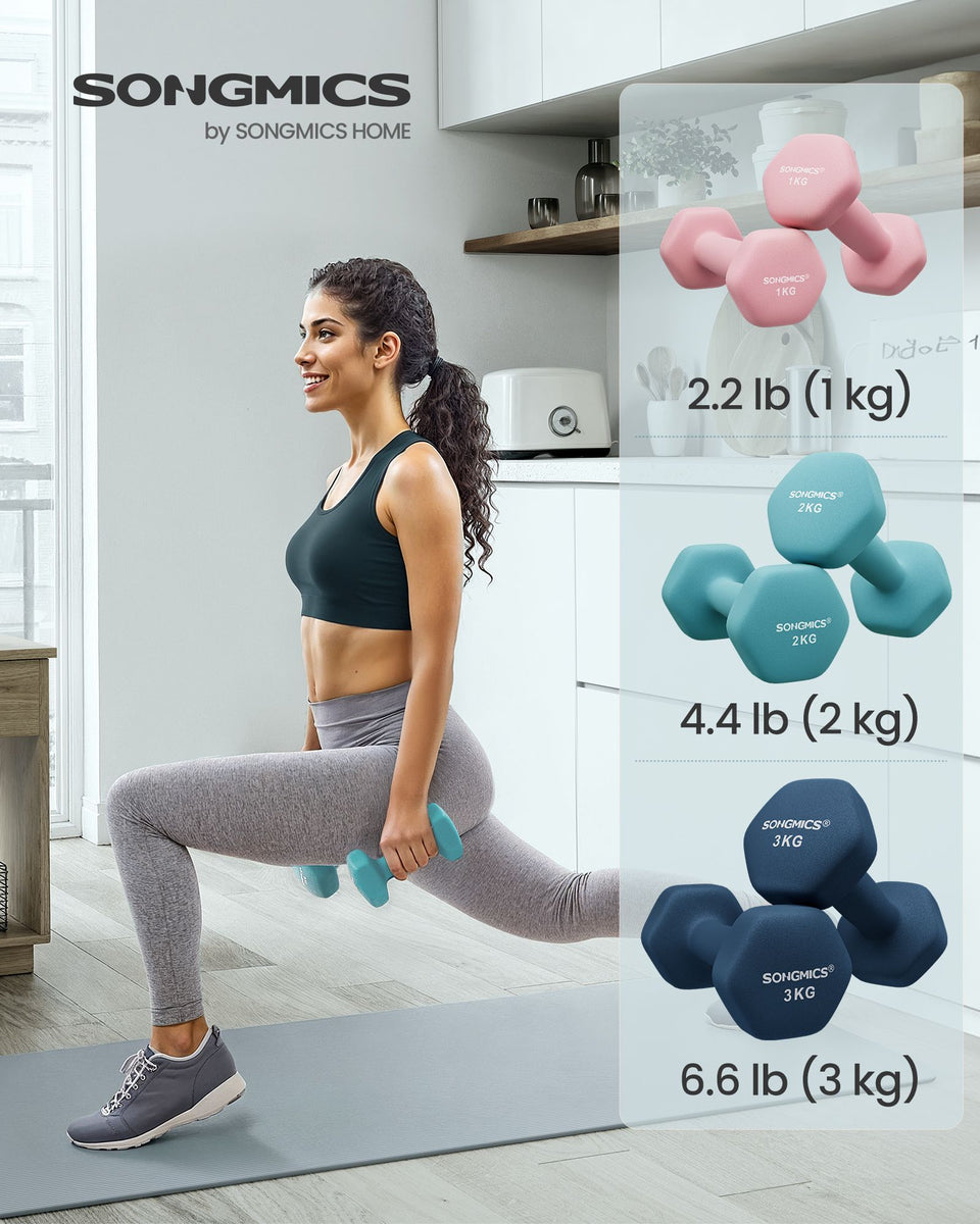 Set haltère - SONGMICS - 3 Paires - 2 x 1 kg, 2 x 1,5 kg, 2 x 2 kg - Revêtement en néoprène antiglisse - Sport Set haltère - SONGMICS - 3 Paires - 2 x 1 kg, 2 x 1,5 kg, 2 x 2 kg - Revêtement en néoprène antiglisse - Sport