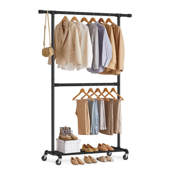 SONGMICS Double-Rod Metal Garment Rack on Wheels UHSR62BK