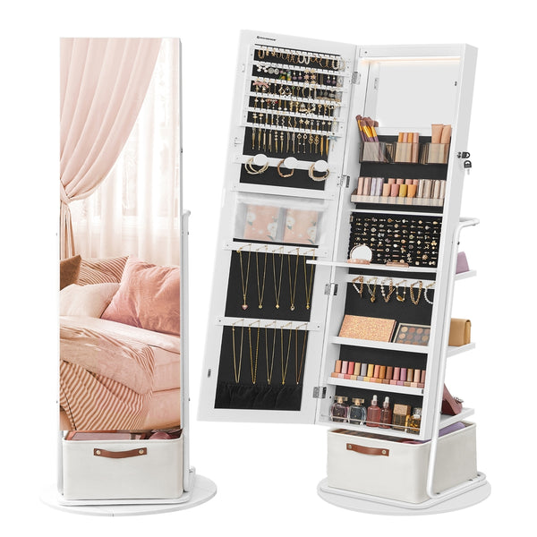 SONGMICS 360° Swivel Mirrored Jewelry Cabinet with Lights UJJC018W01