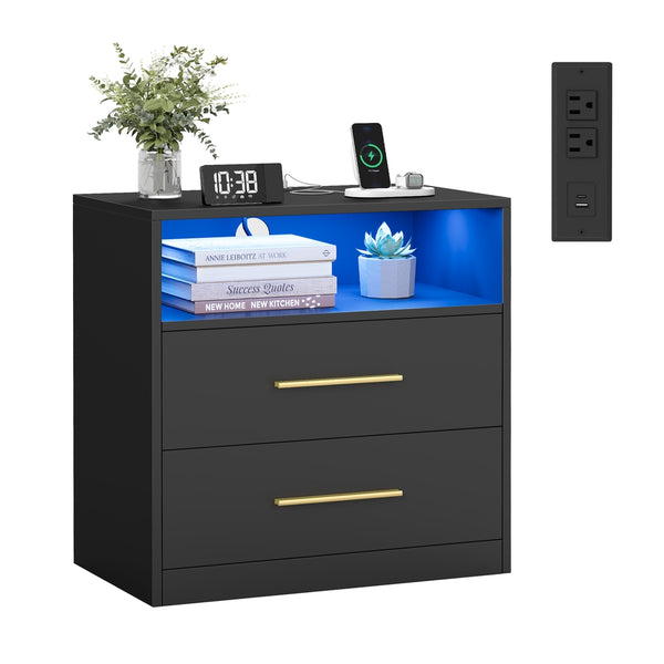 VASAGLE CUSTOS Collection - Nightstand with Charging Station, LED Lights ULET639BC01S