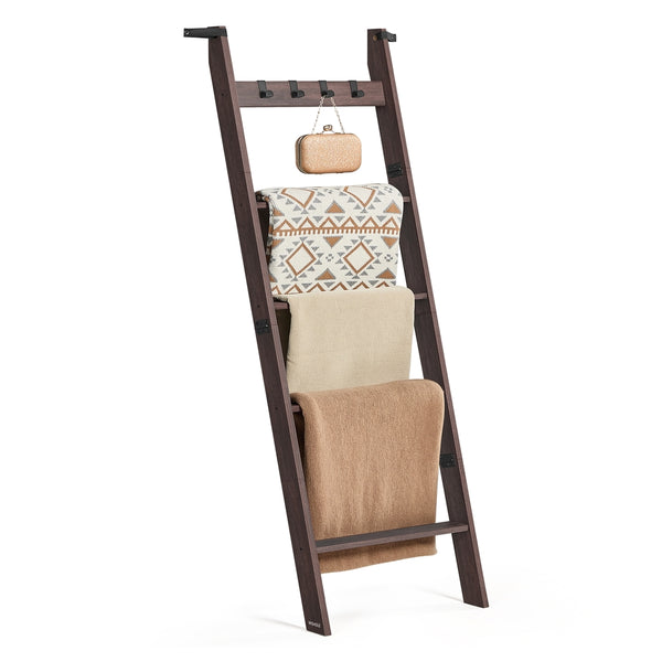 VASAGLE Decorative Farmhouse Blanket Ladder Shelf with Removable Hooks ULLS028K01