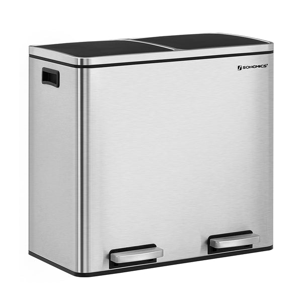 SONGMICS 2 x 6.3 Gallon Silver Dual Trash Can with Lid & Handles ULTB48NL
