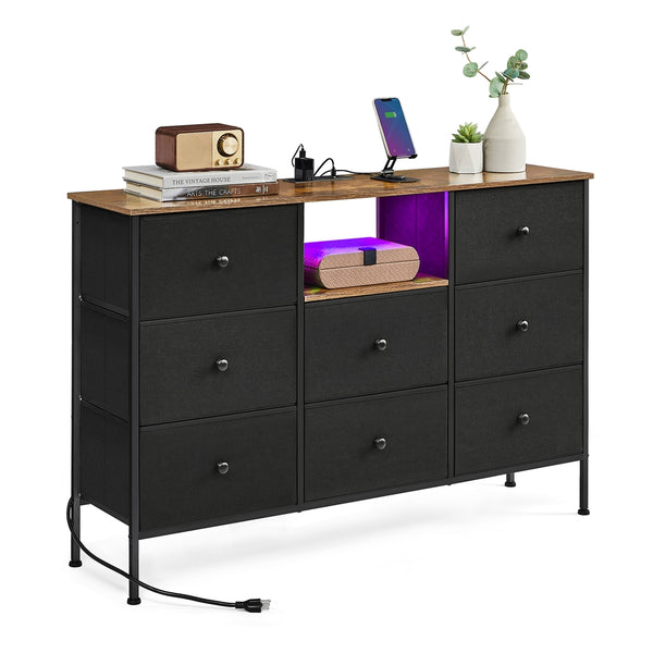 SONGMICS Fabric Dresser with Power Outlets and LED Lights ULTS518B01