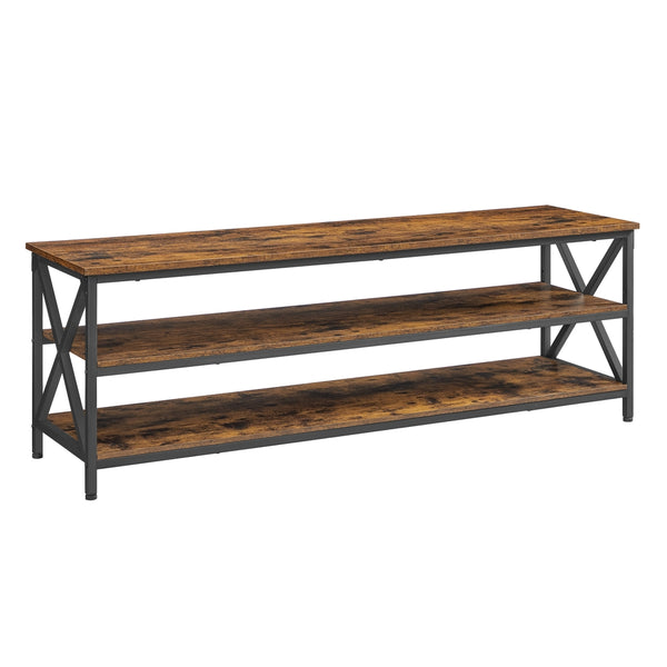VASAGLE TV Stand, TV Table for up to 65 Inches TVs, Media TV Console with Shelves, 3-Tier Storage, Farmhouse Industrial with X-Shape Steel Frame, Rustic Brown and Black ULTV100B01
