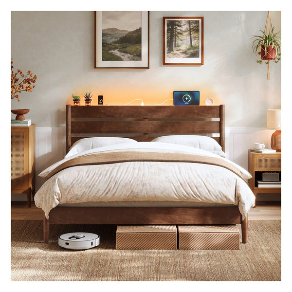 SONGMICS HOME Mid-Century Modern Bed Frame with LED Headboard & Charging Station URMB411K02