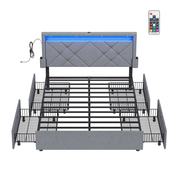 VASAGLE LED Bed Frame Queen Size with Headboard and 4 Drawers URMB822G01