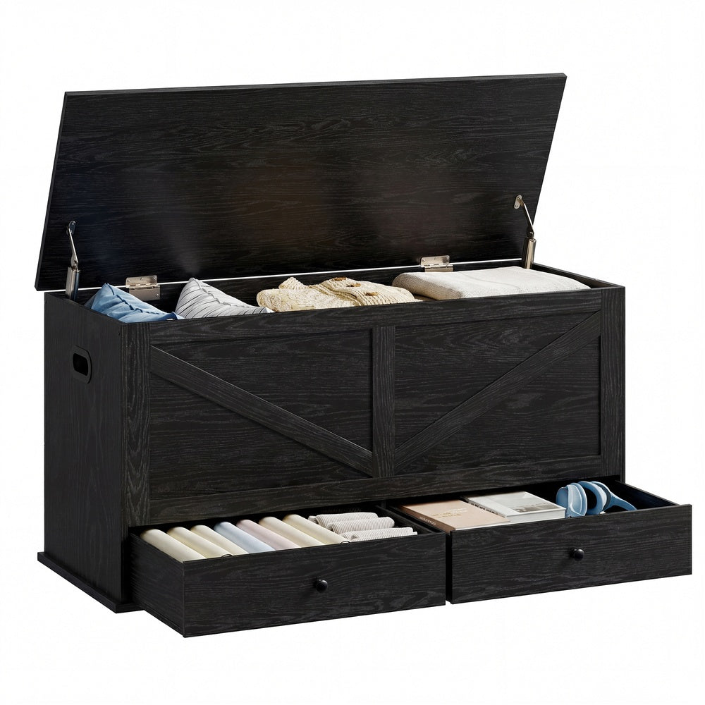 Farmhouse storage bench with fabric drawers for entryway or bedroom